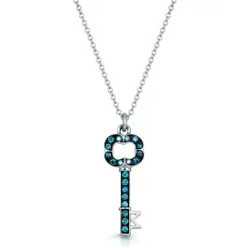 18ct White Gold Diamond Pave Set Blue Key Pendant