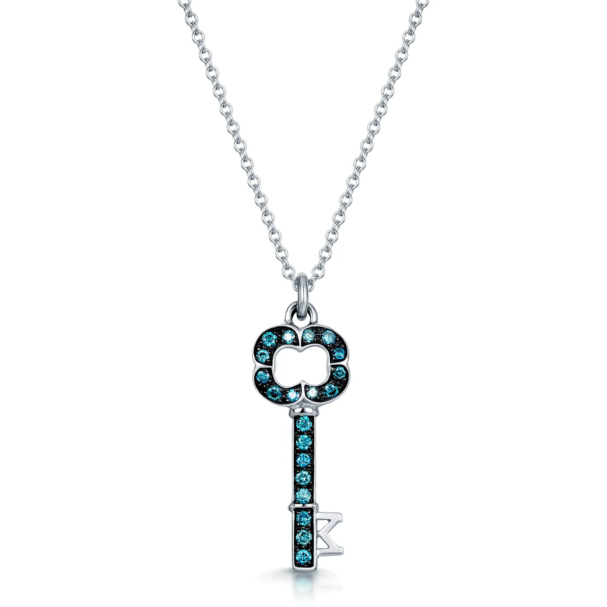 18ct White Gold Diamond Pave Set Blue Key Pendant