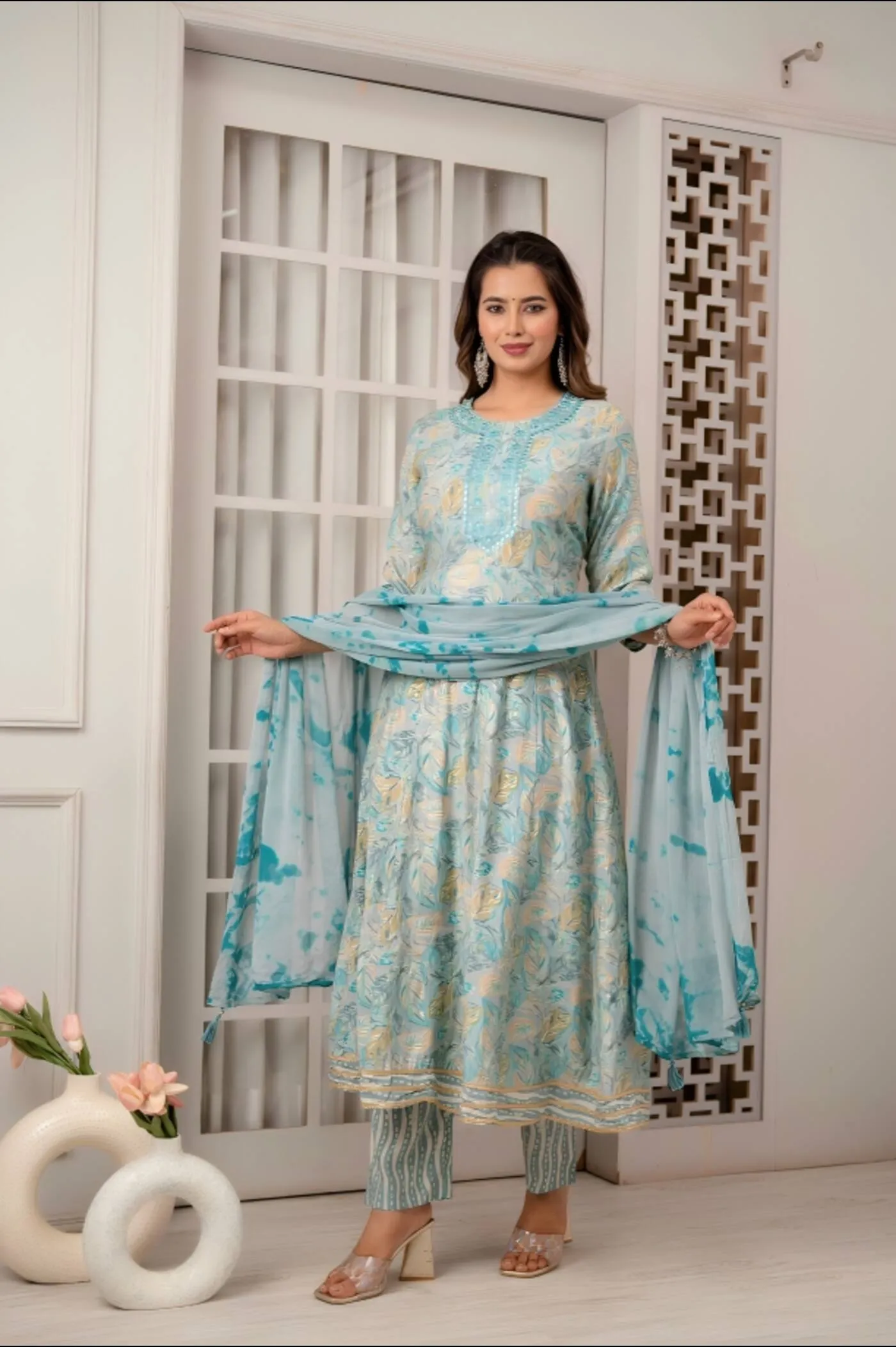 Aqua Elegance Anarkali Set Dupatta