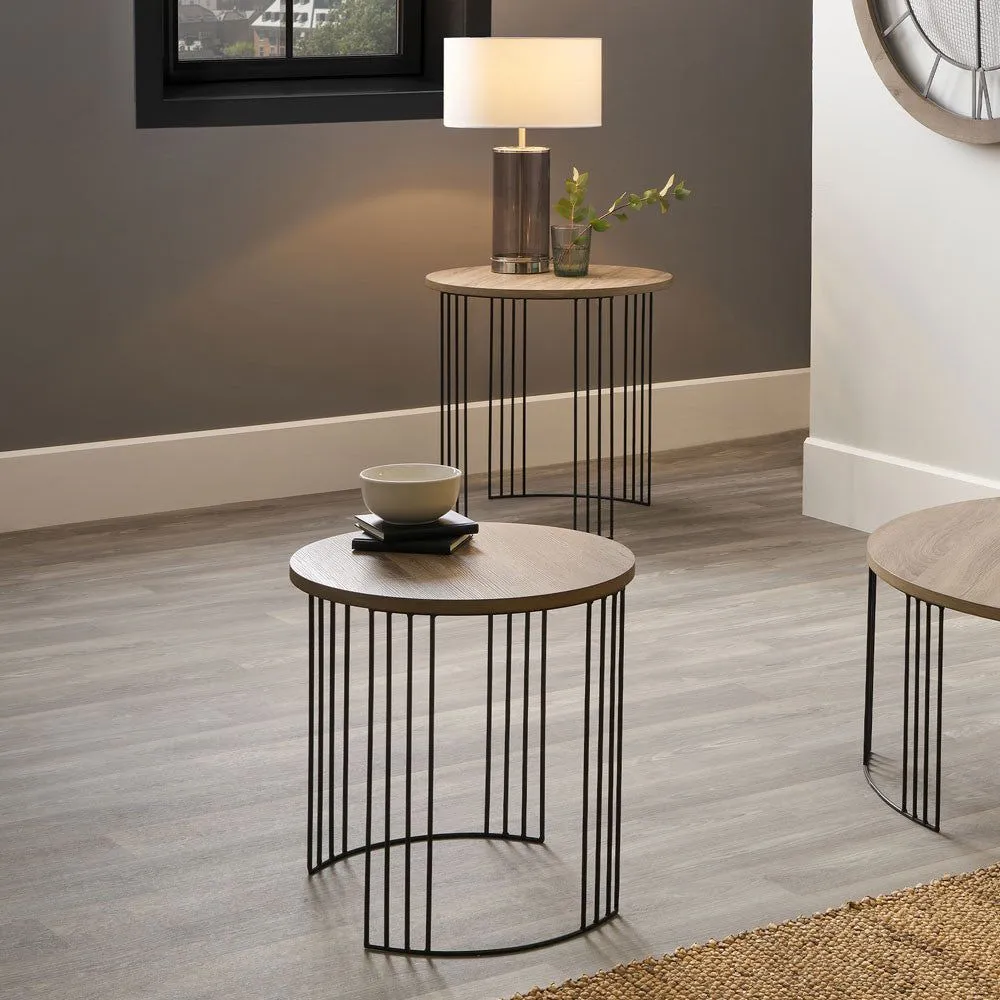 Atri Set of 2 Metal Round Side Tables- Dark Wood and Black Finish