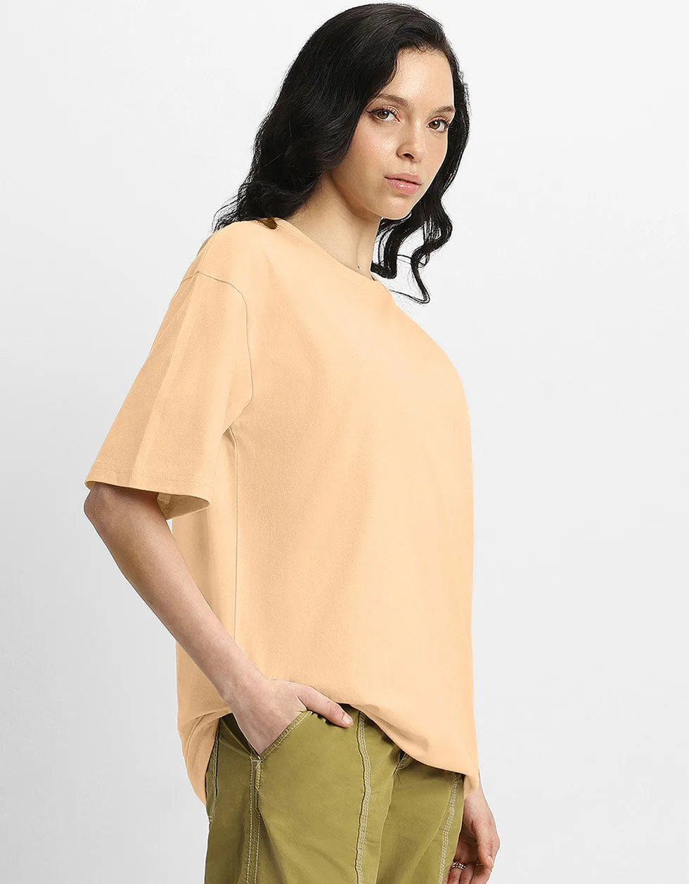 BEERDO Women Beige Oversized Back Puff Printed Tshirt