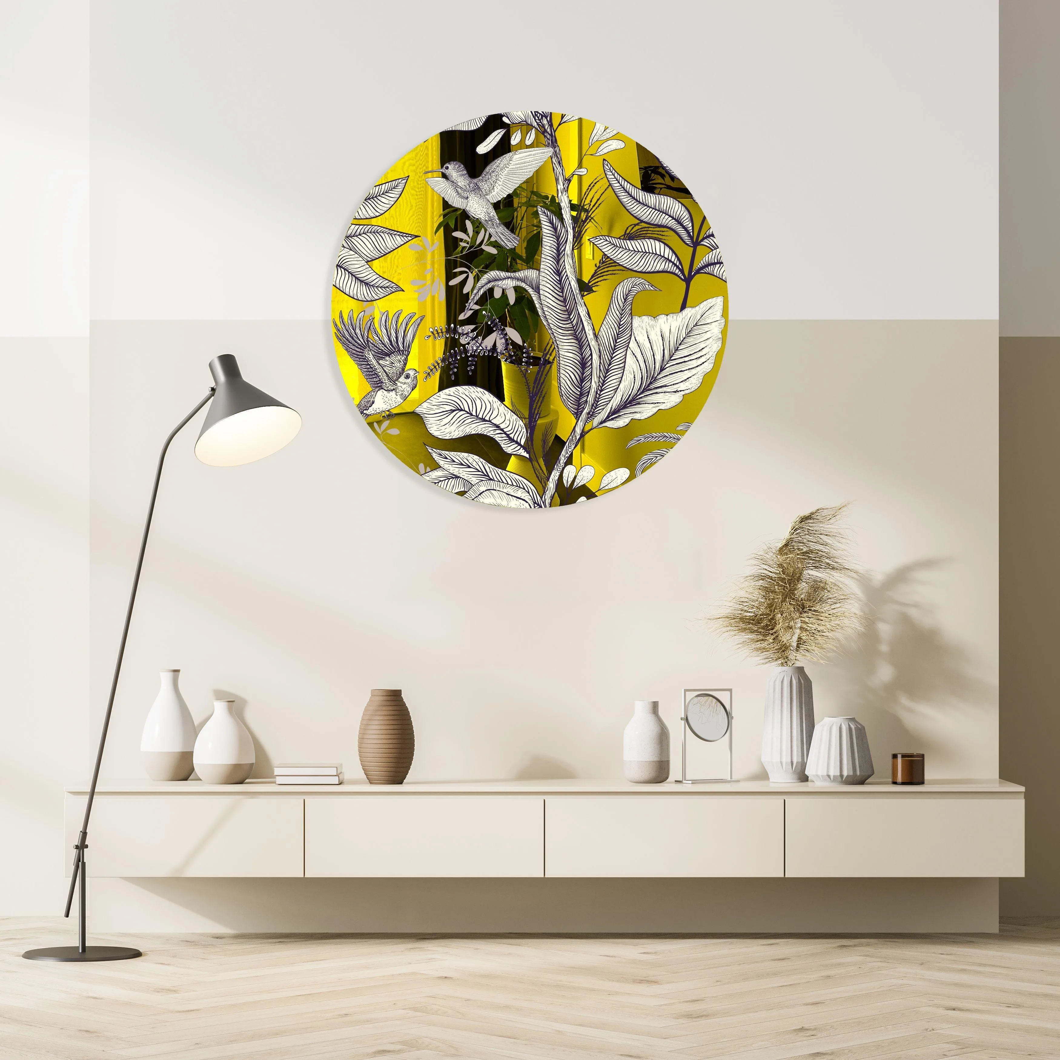 Beige Birds and Leaves Printed Mirror Acrylic Circles