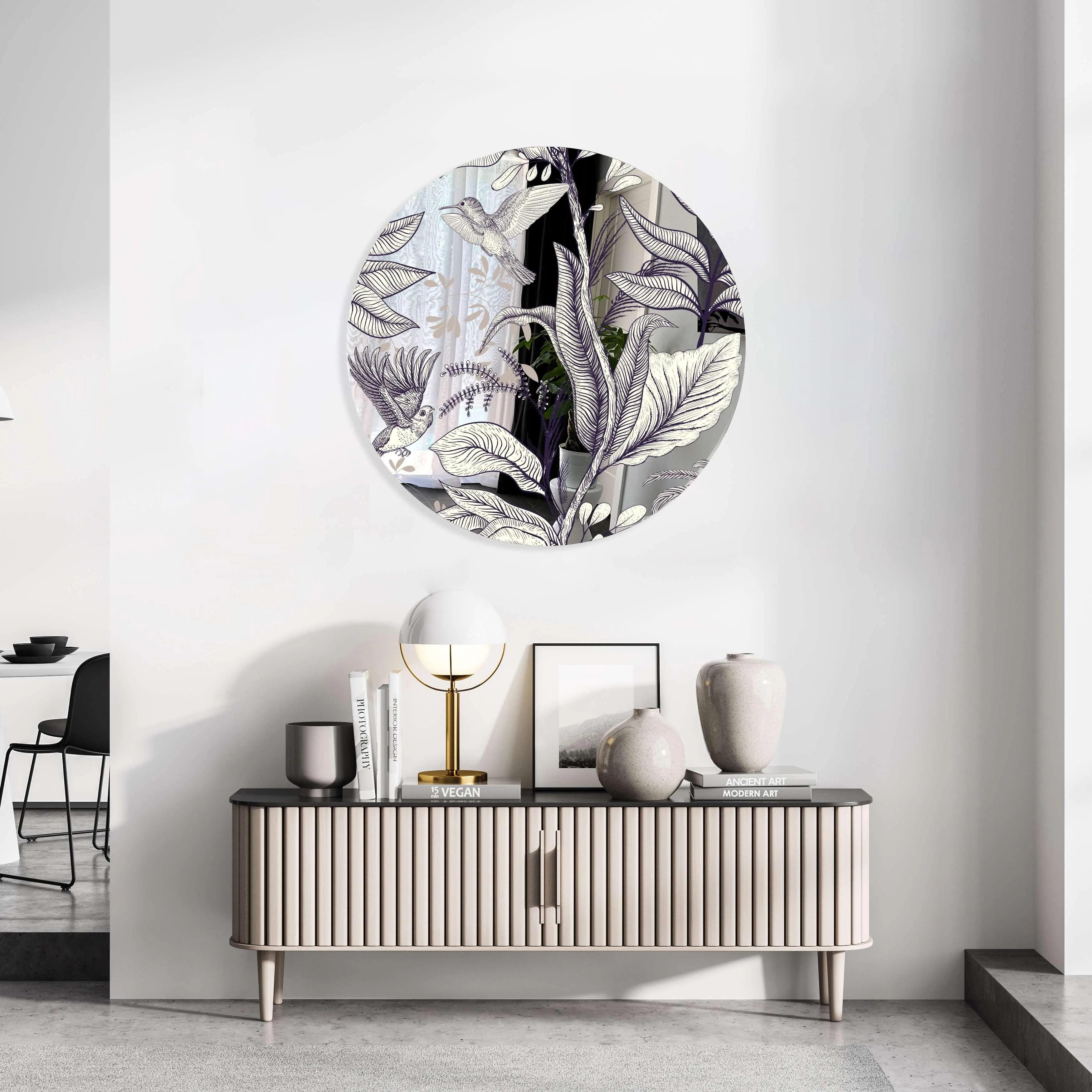 Beige Birds and Leaves Printed Mirror Acrylic Circles