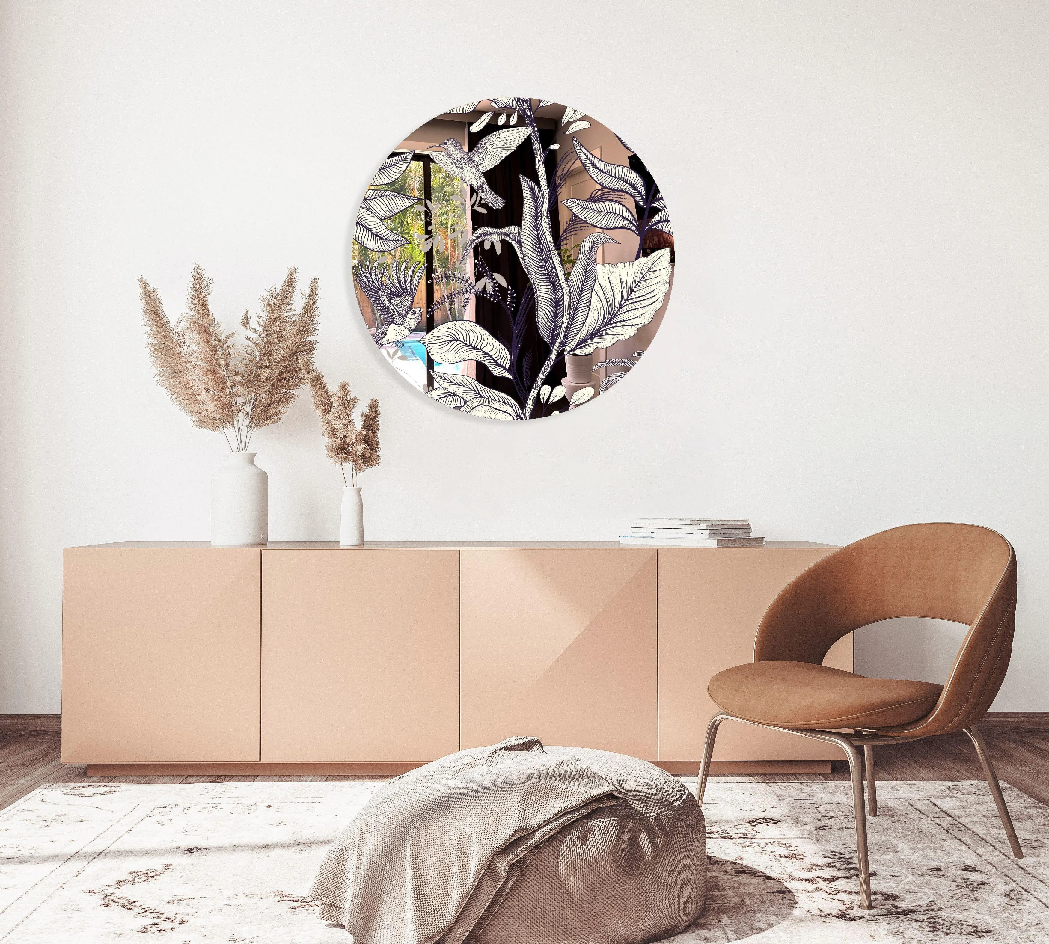 Beige Birds and Leaves Printed Mirror Acrylic Circles