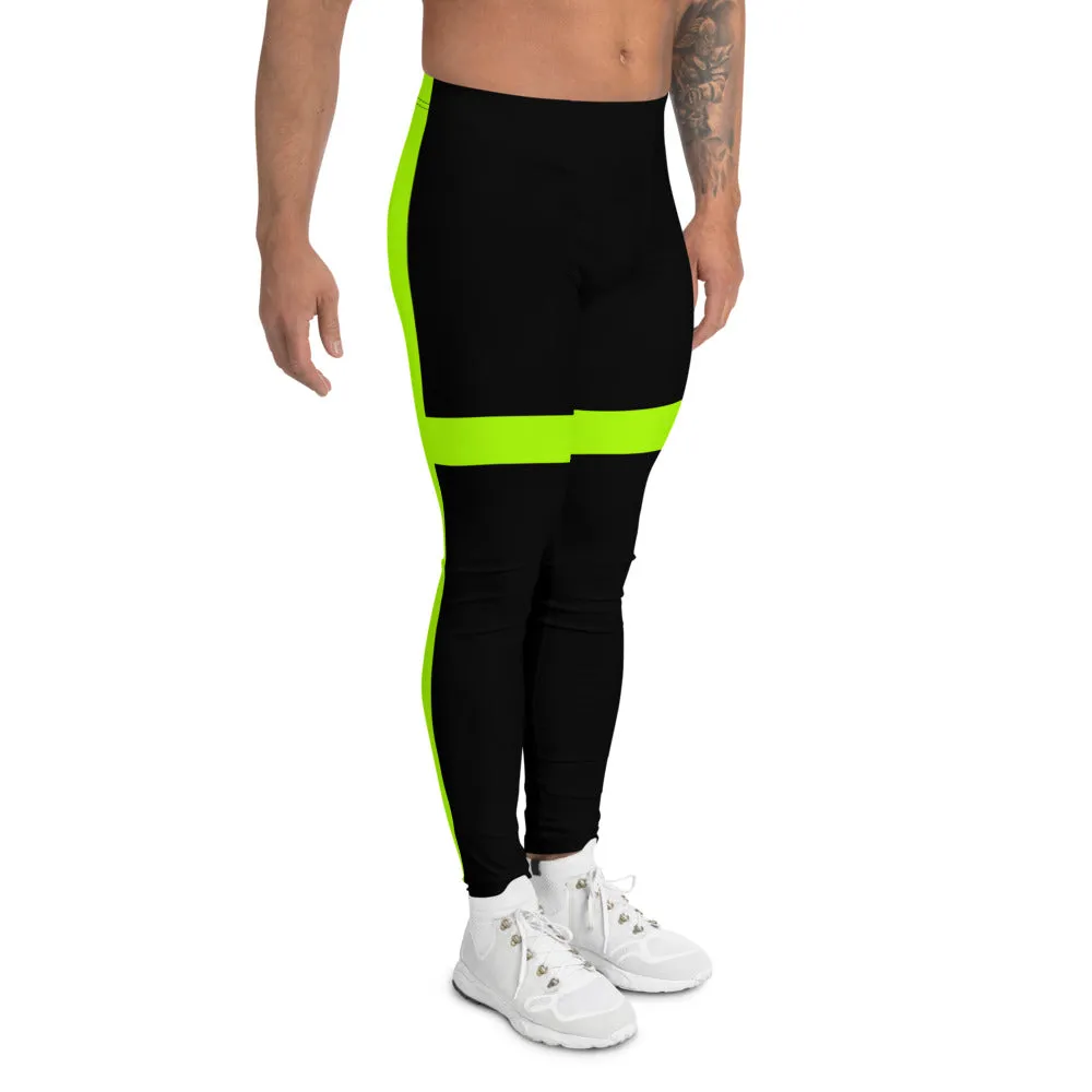 Black Green Neon Men's Leggings, Modern Minimalist Striped Meggings-Made in USA/EU/MX