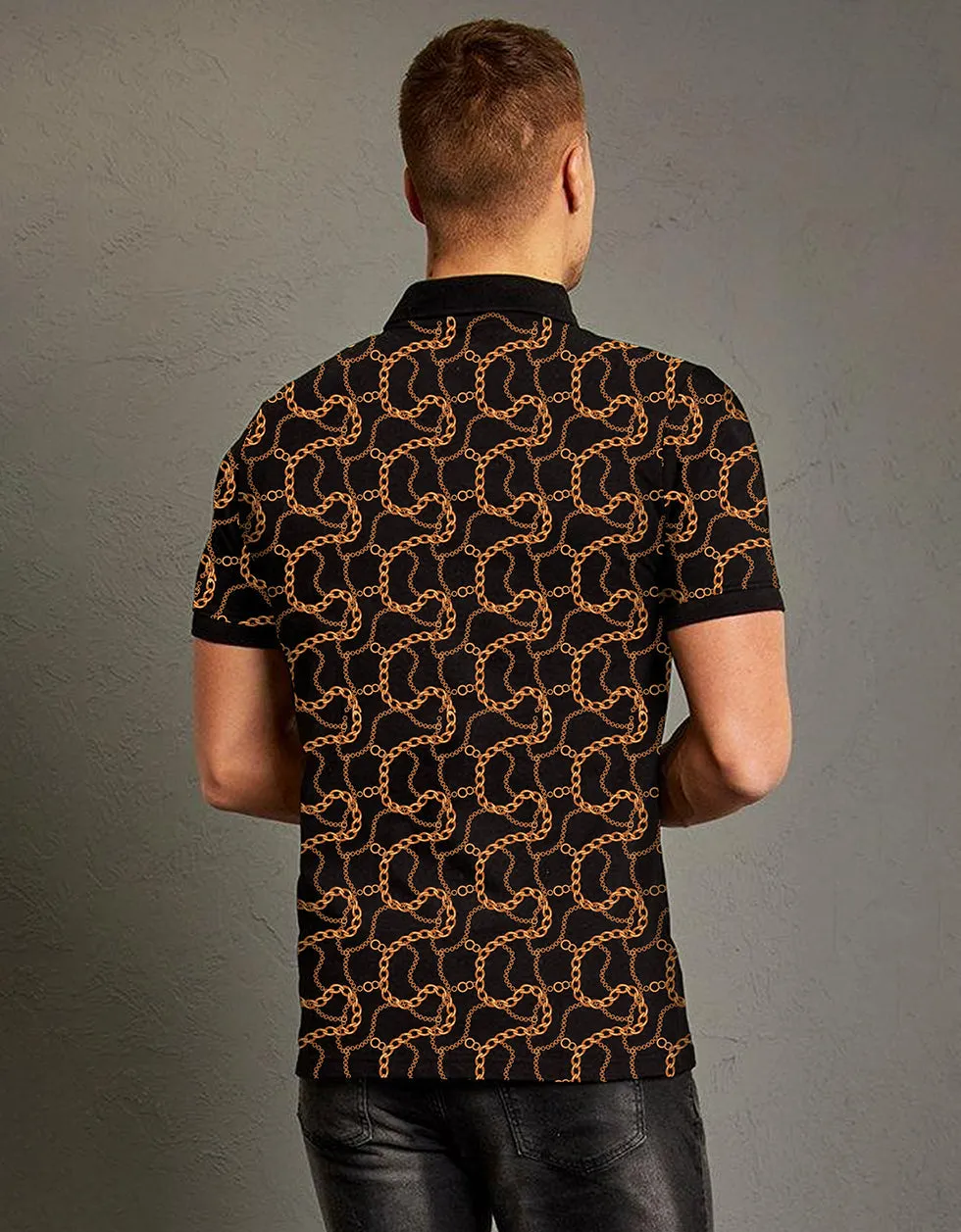 Black Printed All Over Geometric Printed Polo Tshirt