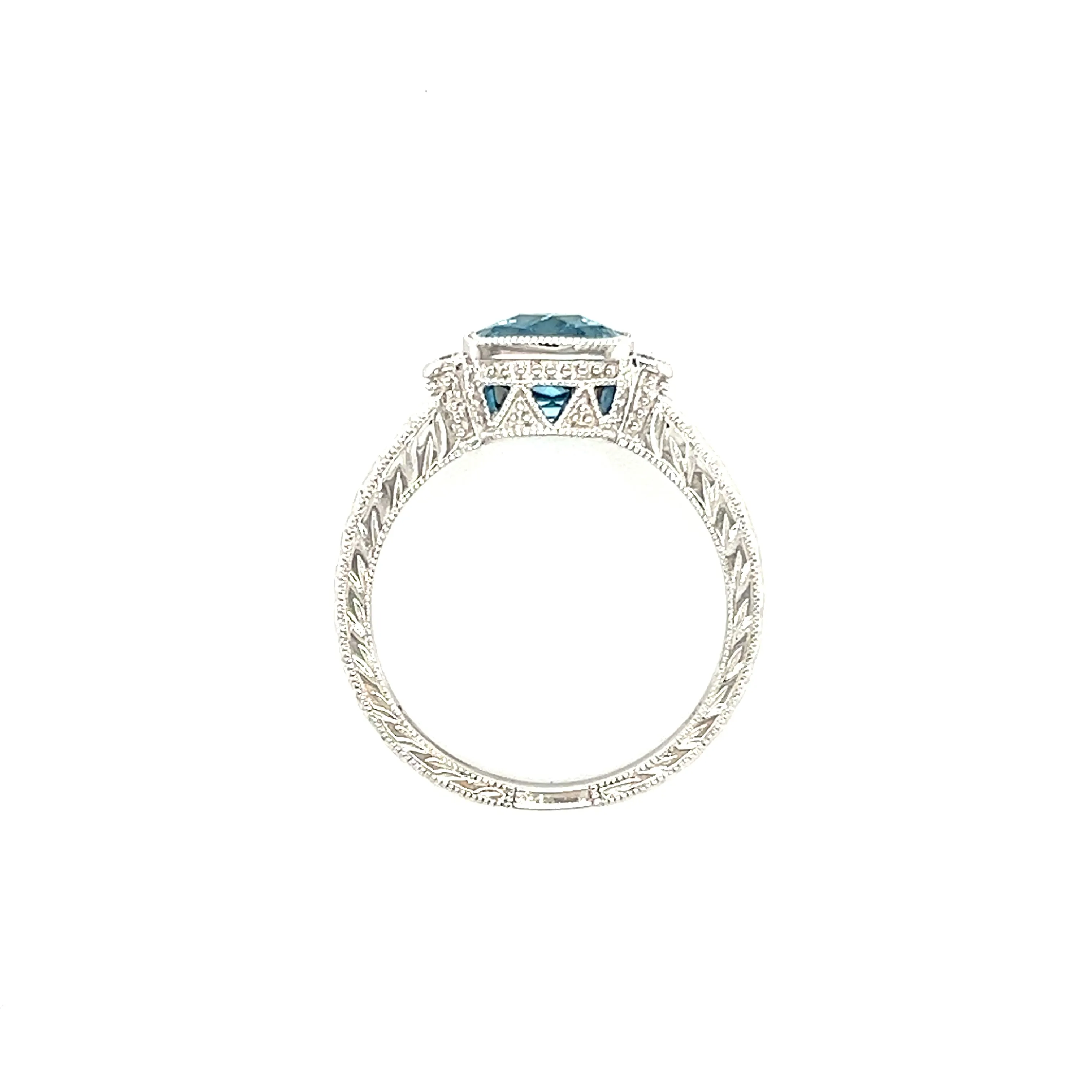 Blue Topaz Ring with Side Diamonds and Engraving in 14k White Gold