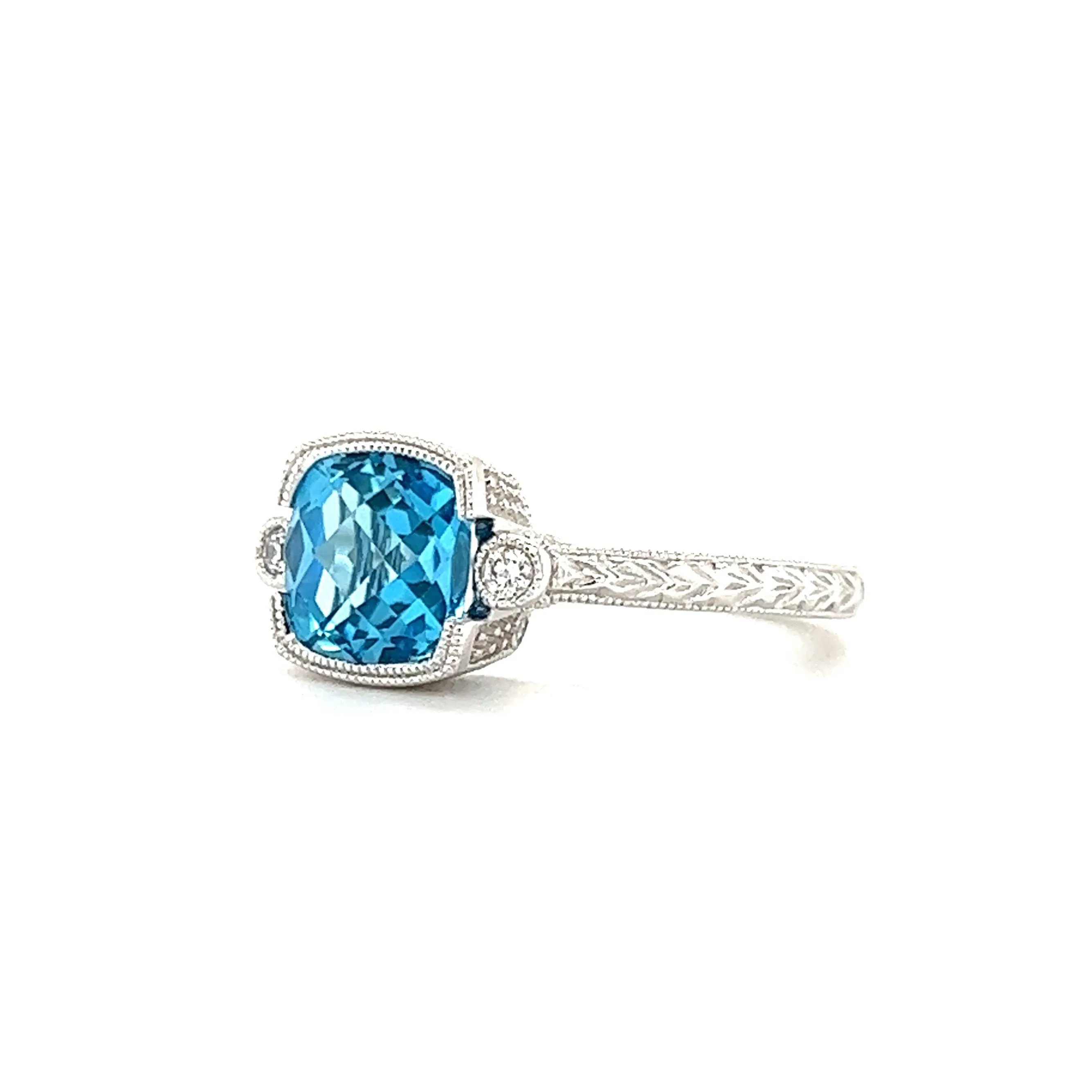 Blue Topaz Ring with Side Diamonds and Engraving in 14k White Gold