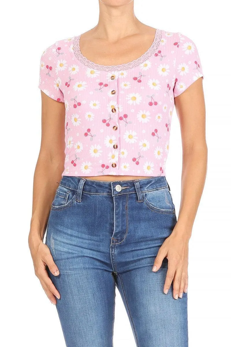 Button Front Ribbed Short Sleeve T-Shirt Tops With Lace Trim - Pink Floral Print