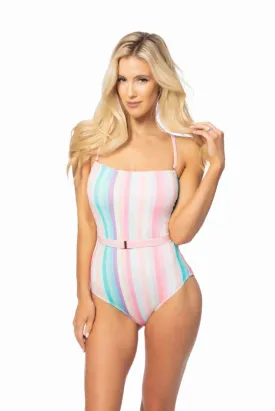 Carrie Belted One-Piece Swimsuit - Pastel Stripes