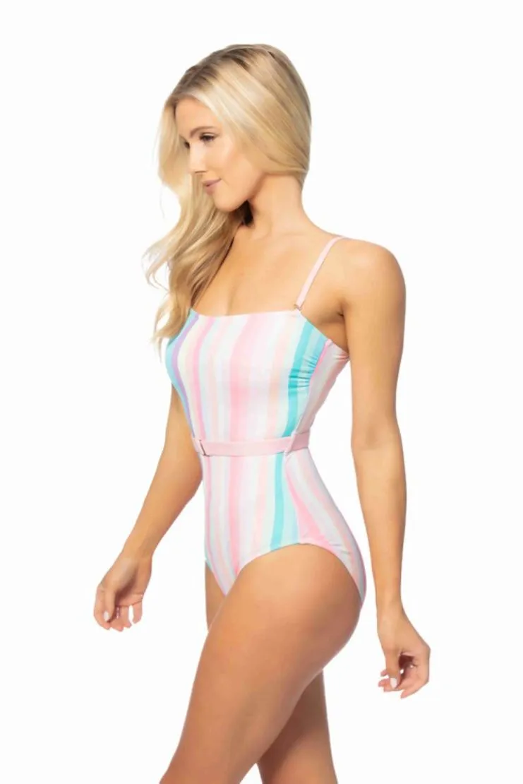 Carrie Belted One-Piece Swimsuit - Pastel Stripes