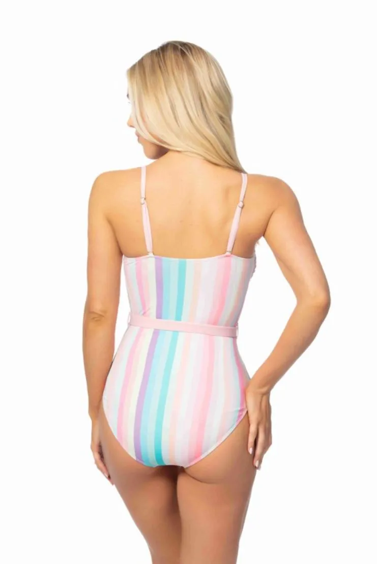 Carrie Belted One-Piece Swimsuit - Pastel Stripes