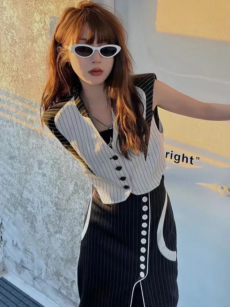 Casual Striped Colorblock Tank Tops For Women V Neck Sleeveless Summer Vests Female Fashion Clothing Style