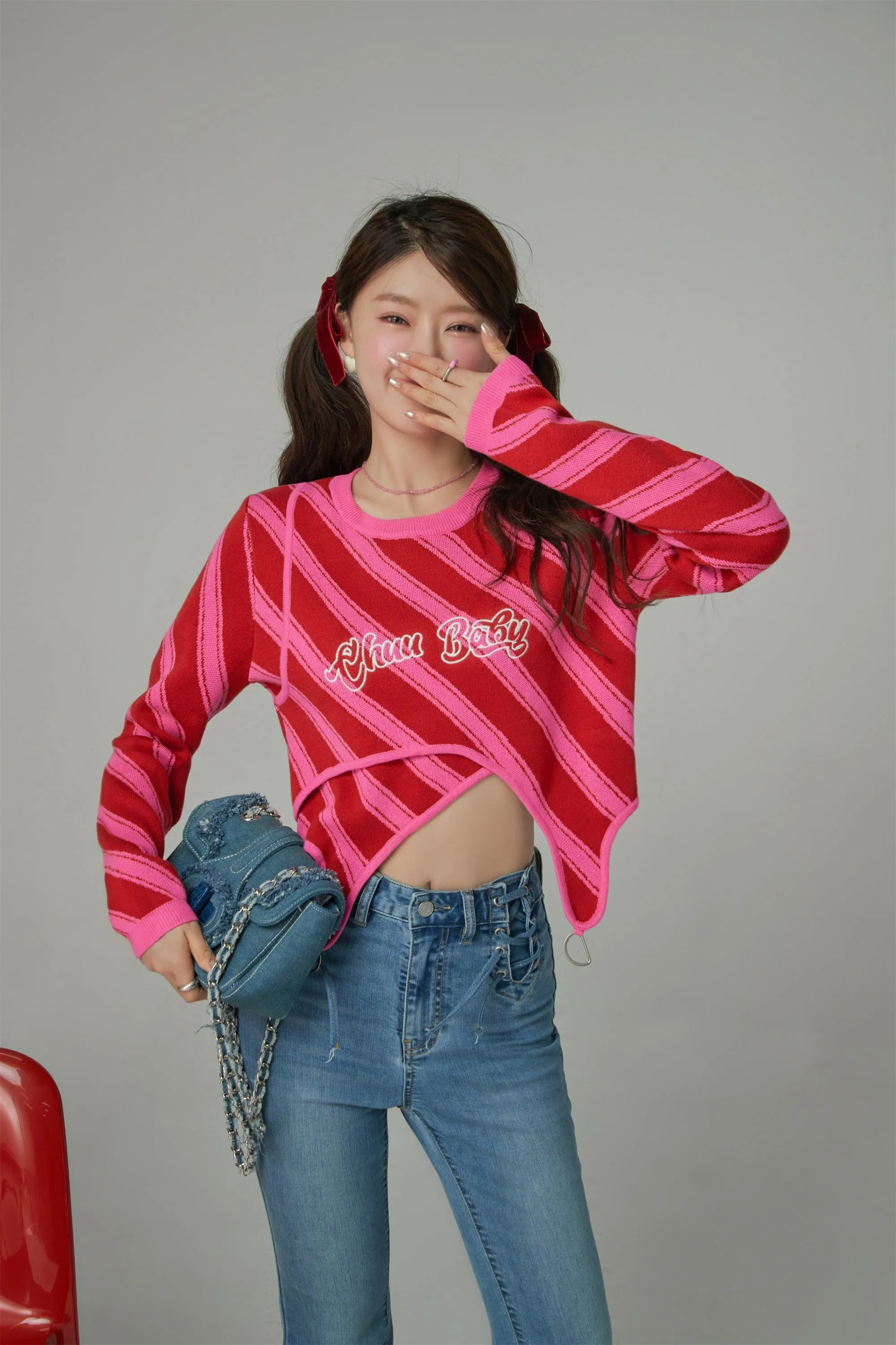 Chuu Baby Unbalanced Striped Long-Sleeves Top