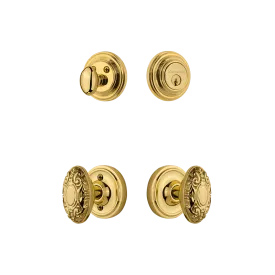 Classic Rosette Entry Set with Victorian Knob in Unlacquered Brass