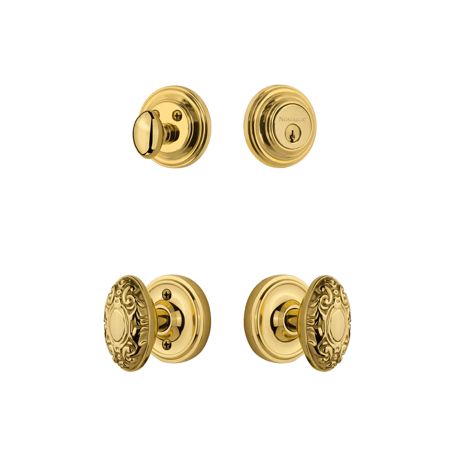 Classic Rosette Entry Set with Victorian Knob in Unlacquered Brass