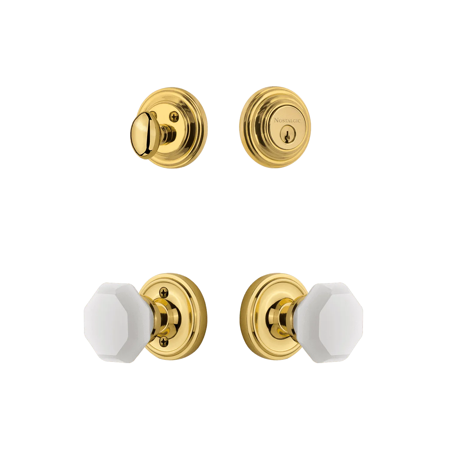 Classic Rosette Entry Set with White Waldorf Crystal Knob in Unlacquered Brass