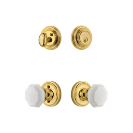 Classic Rosette Entry Set with White Waldorf Crystal Knob in Unlacquered Brass