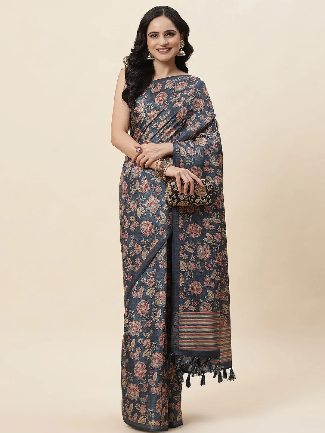 Digital Floral Printed Tussar Saree