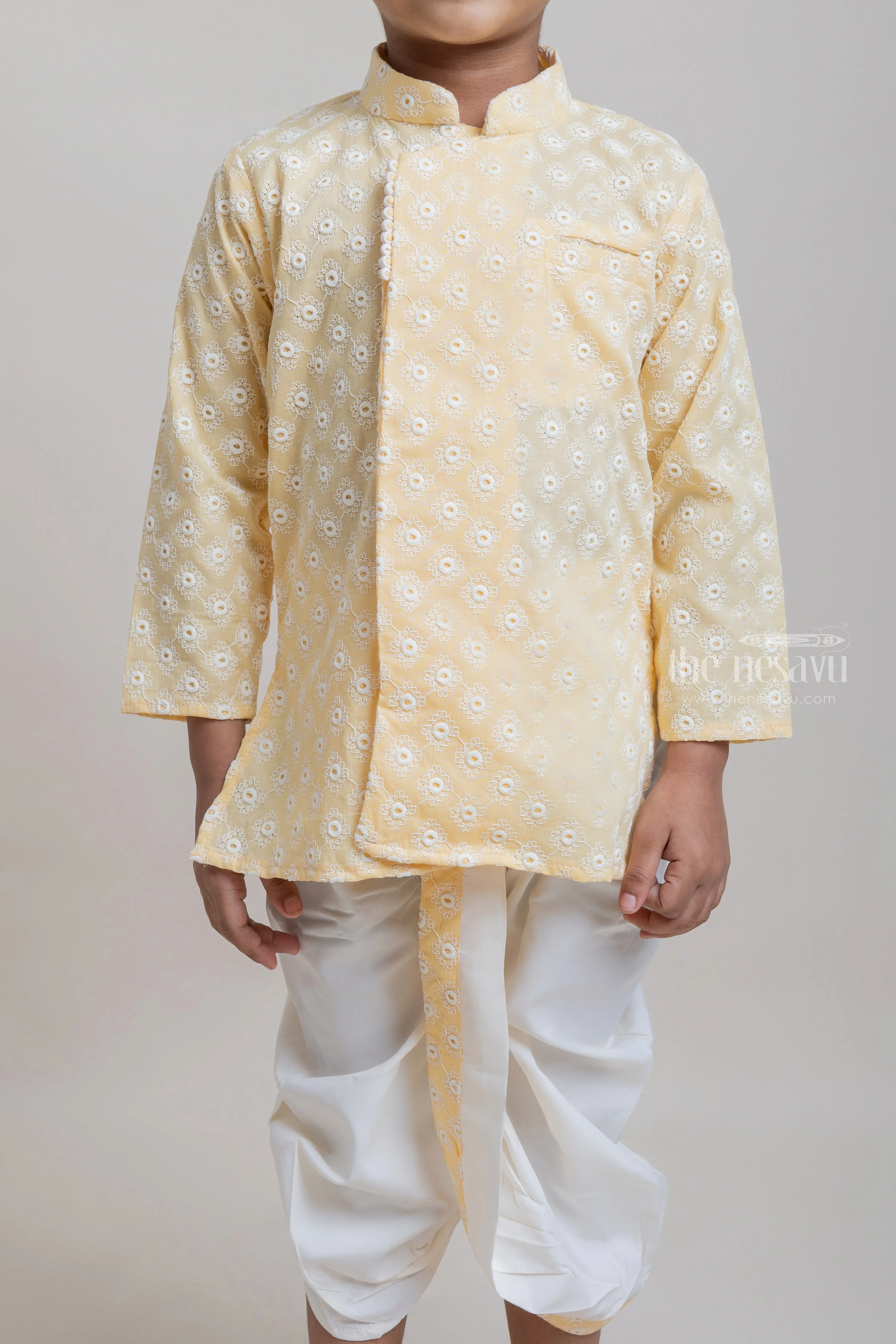 Embroidery Yellow Ethnic Kurta With White Dhoti For Boys