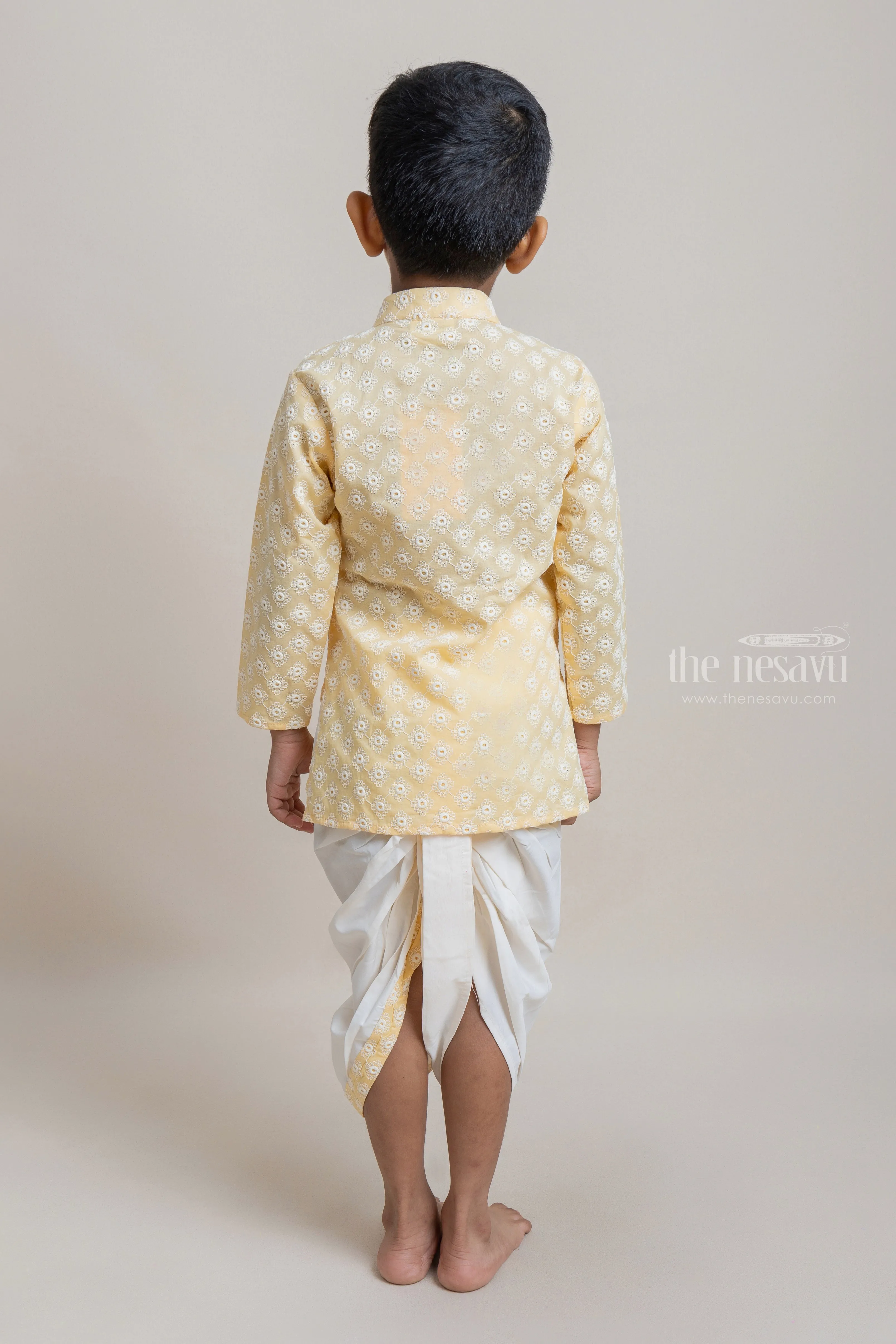 Embroidery Yellow Ethnic Kurta With White Dhoti For Boys