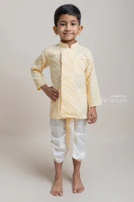 Embroidery Yellow Ethnic Kurta With White Dhoti For Boys