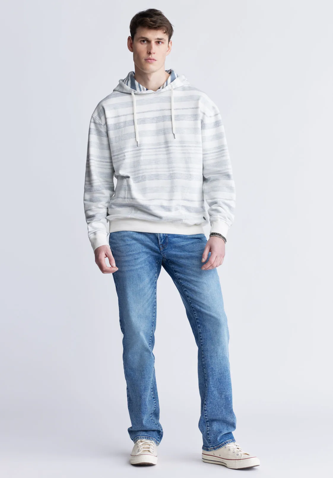 Fazel Men's Striped Hoodie, White with Light Blue - BM24456