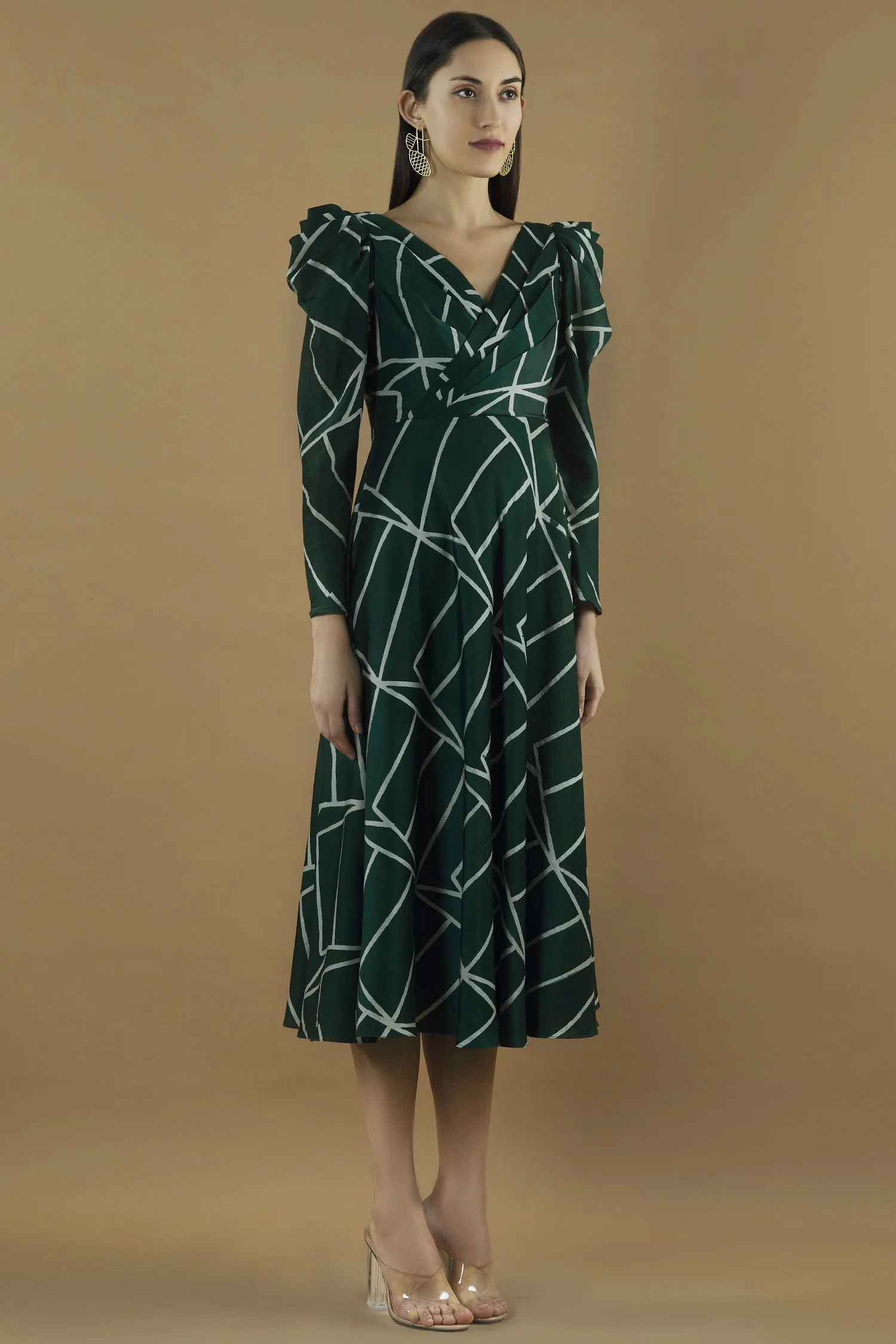 Geometric Printed Midi Dress With A Pleated Yoke