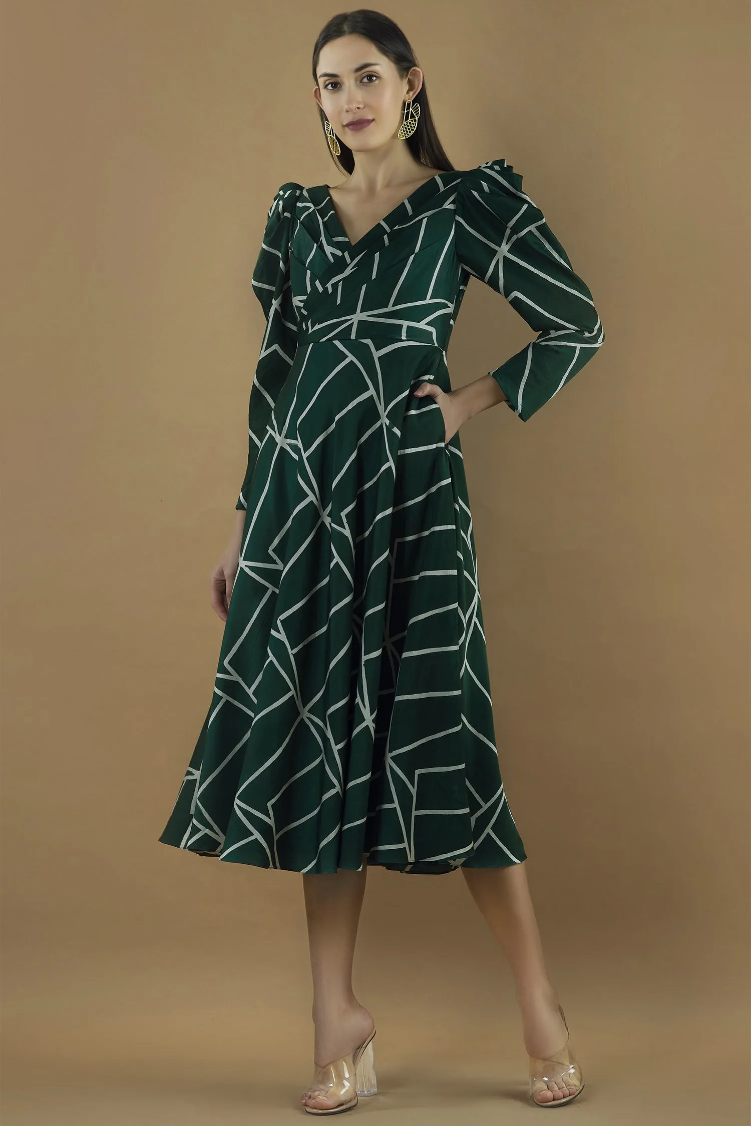 Geometric Printed Midi Dress With A Pleated Yoke