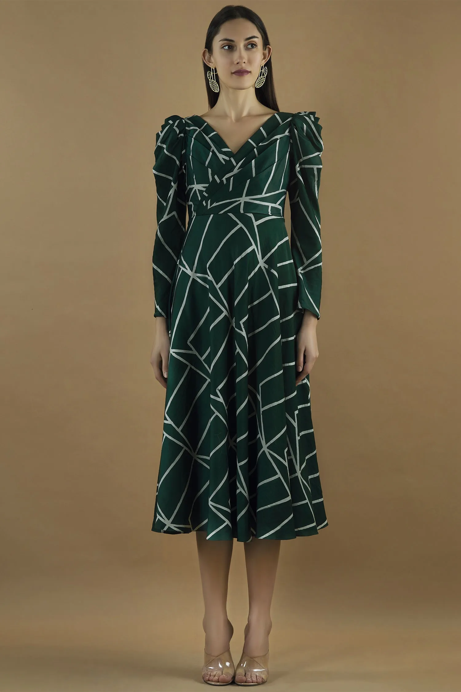 Geometric Printed Midi Dress With A Pleated Yoke