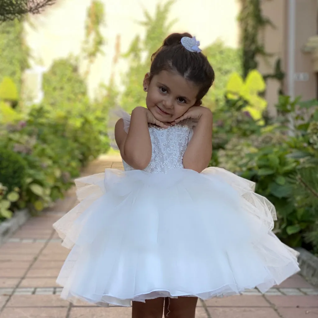 Girl's white dress with pearl beads