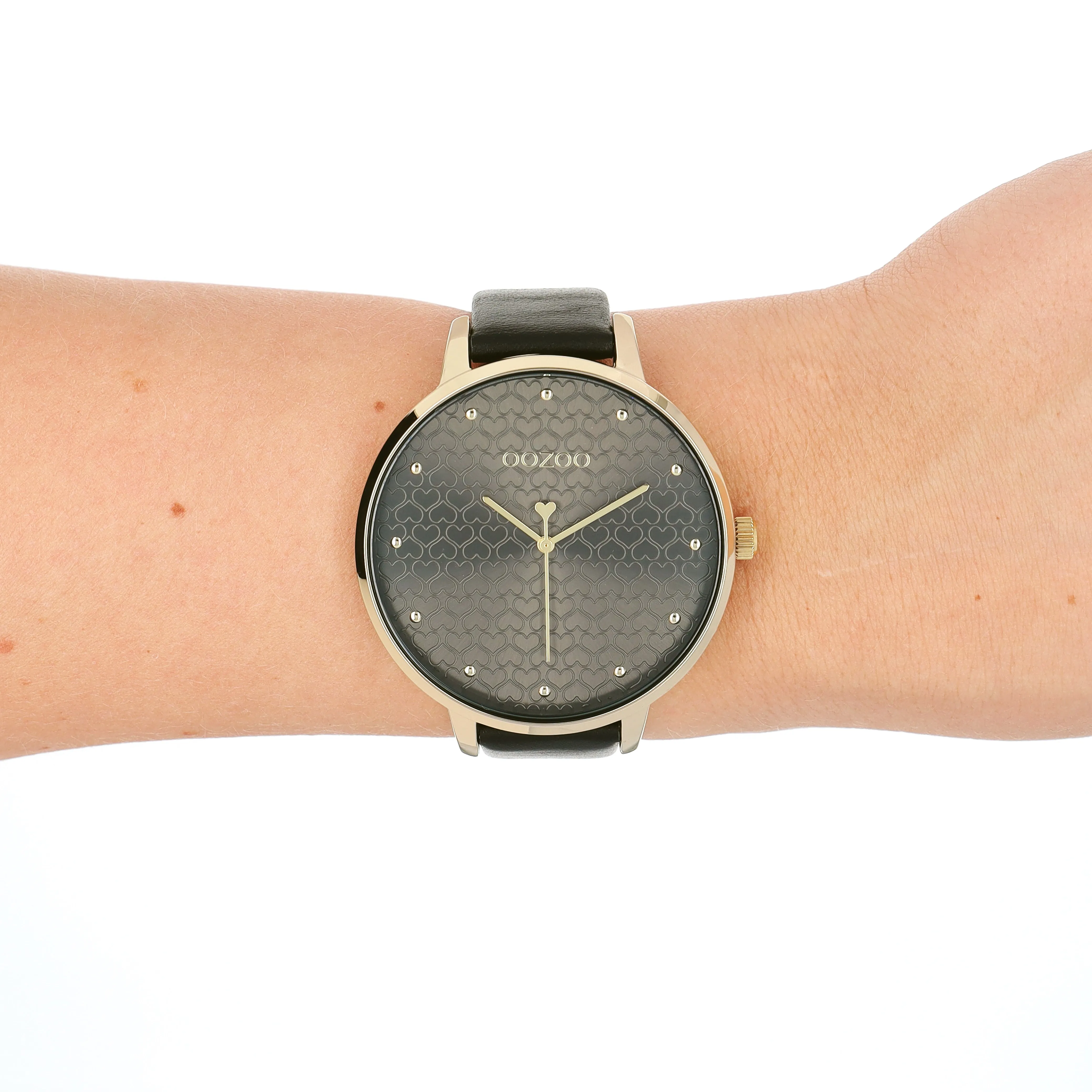 Gold coloured OOZOO watch with black leather strap - C11039