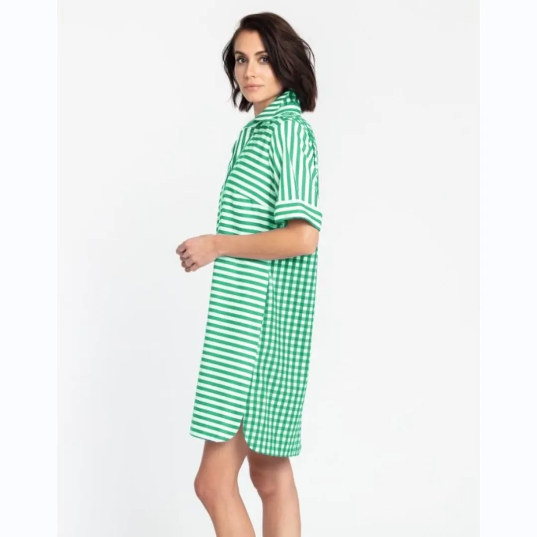 Green & White Striped Short Sleeved Dress