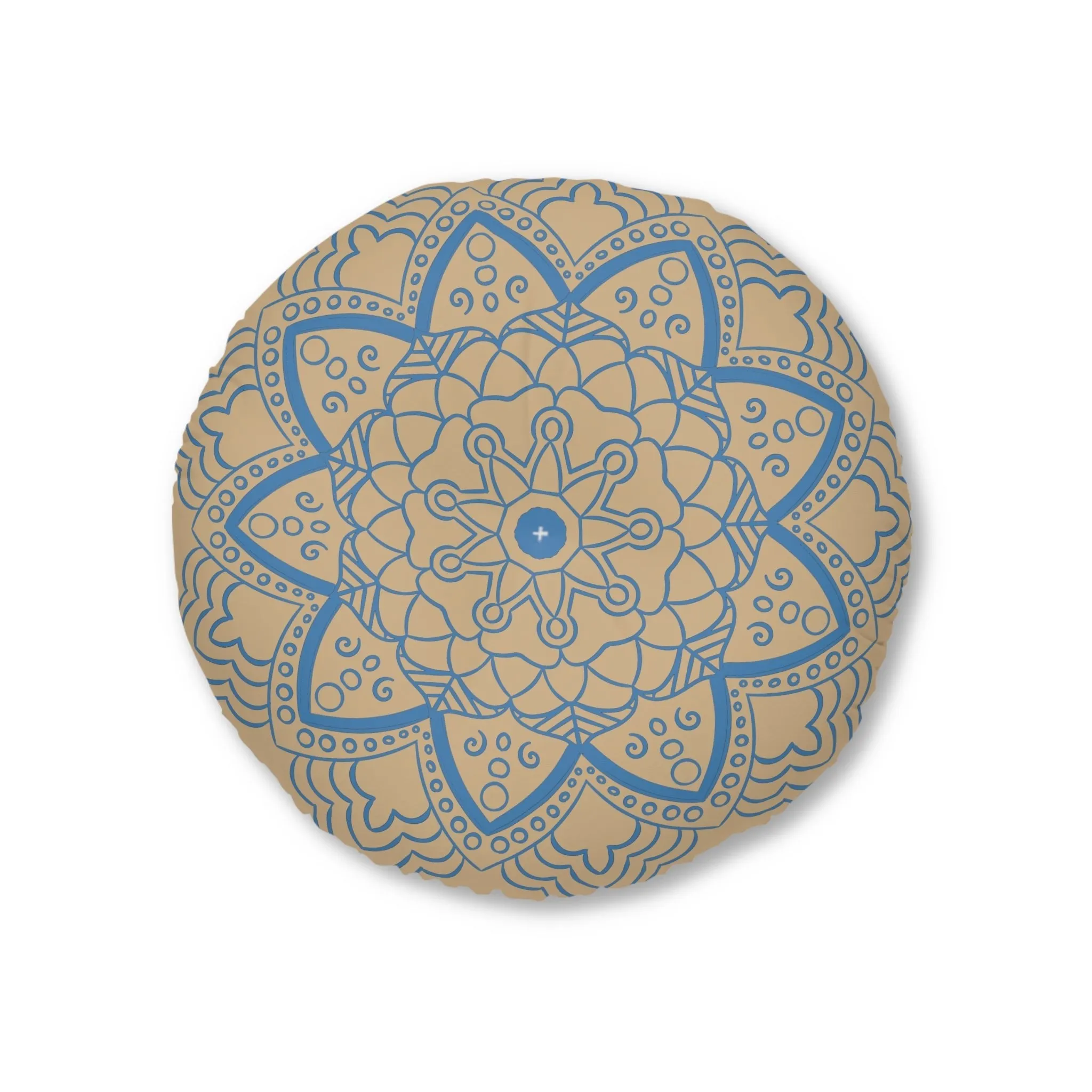 Handmade Mandala Art Floor Cushion - Steel Blue on Tan - Tufted Round