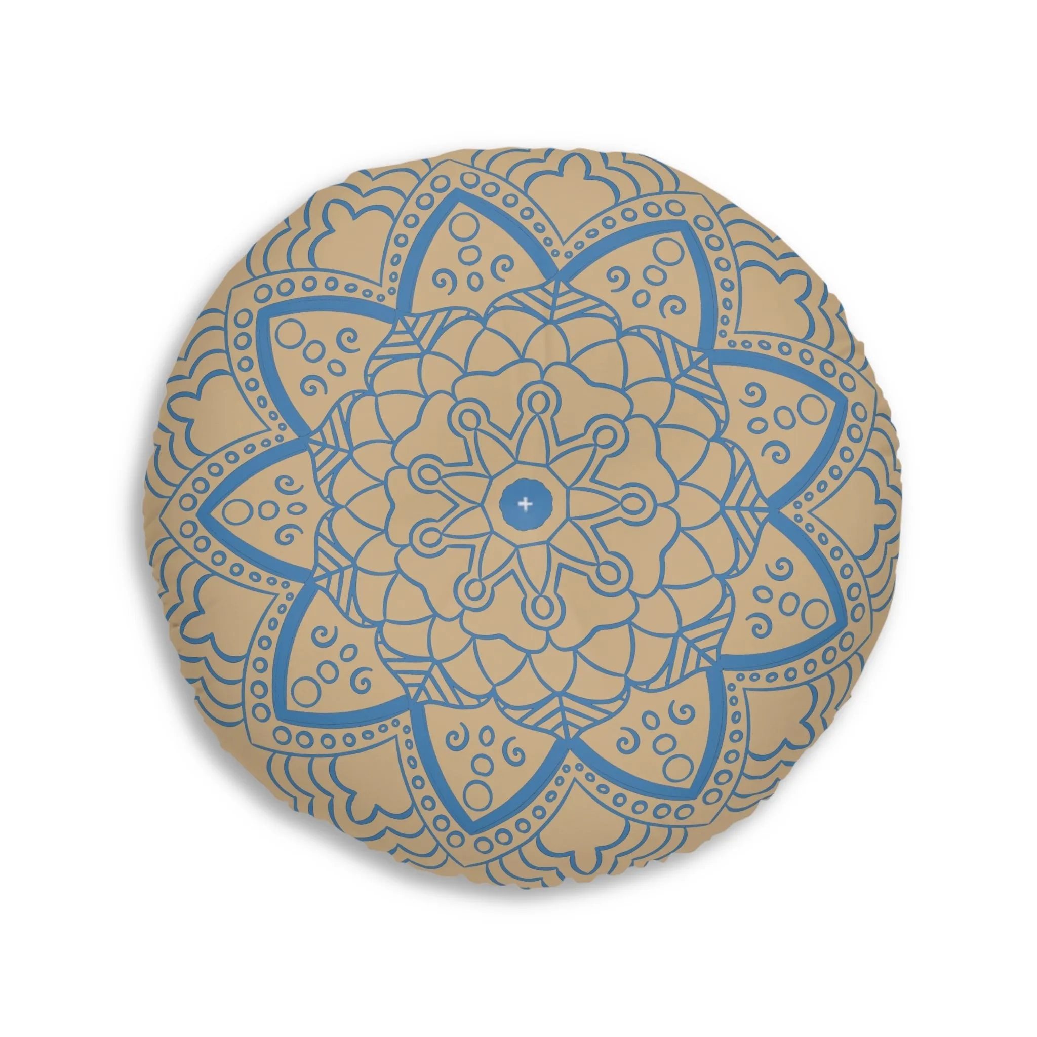 Handmade Mandala Art Floor Cushion - Steel Blue on Tan - Tufted Round