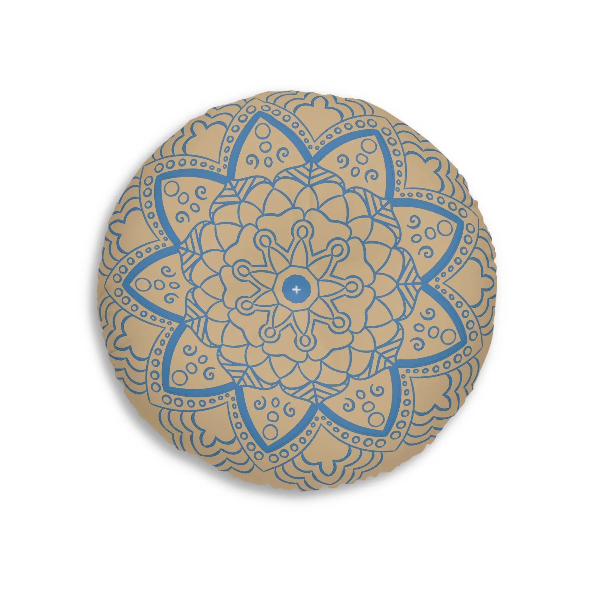 Handmade Mandala Art Floor Cushion - Steel Blue on Tan - Tufted Round