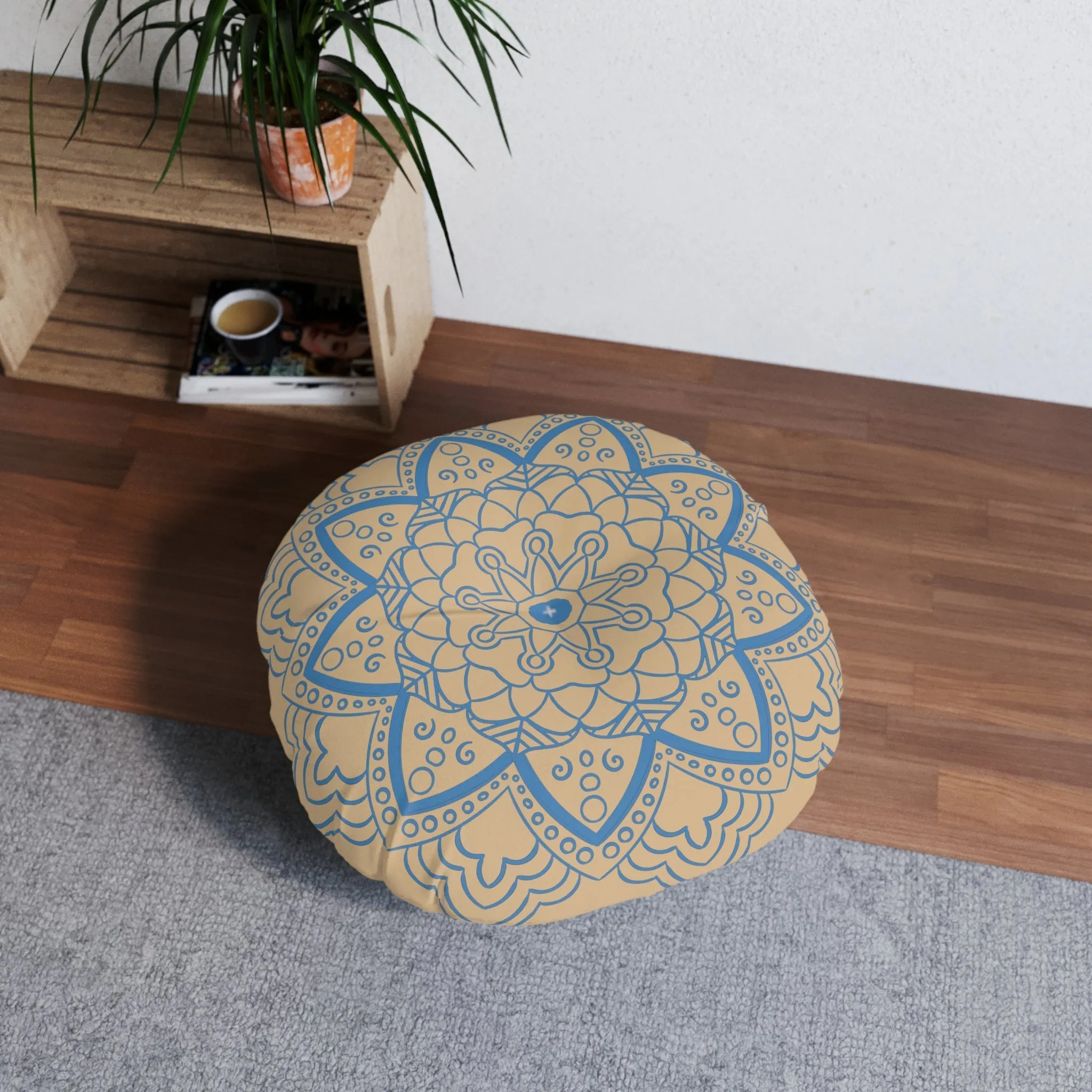 Handmade Mandala Art Floor Cushion - Steel Blue on Tan - Tufted Round