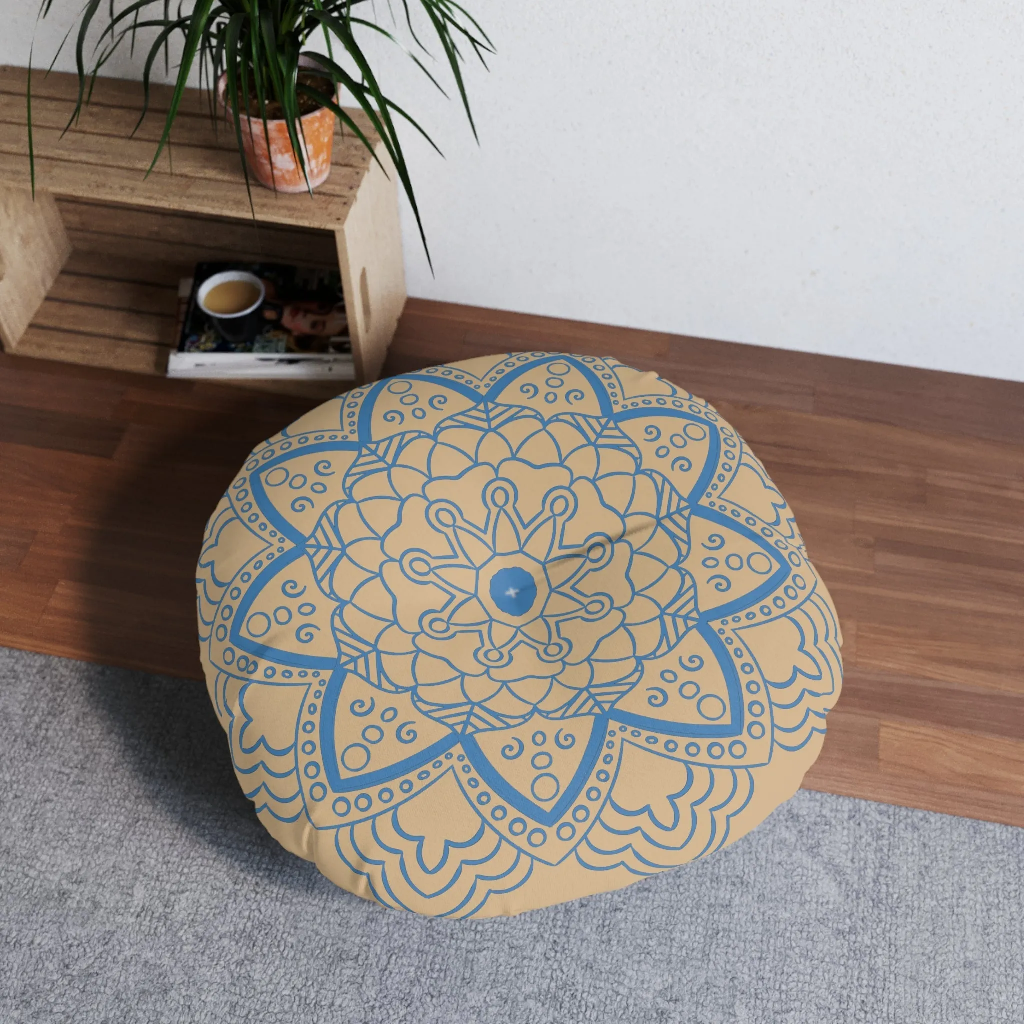 Handmade Mandala Art Floor Cushion - Steel Blue on Tan - Tufted Round