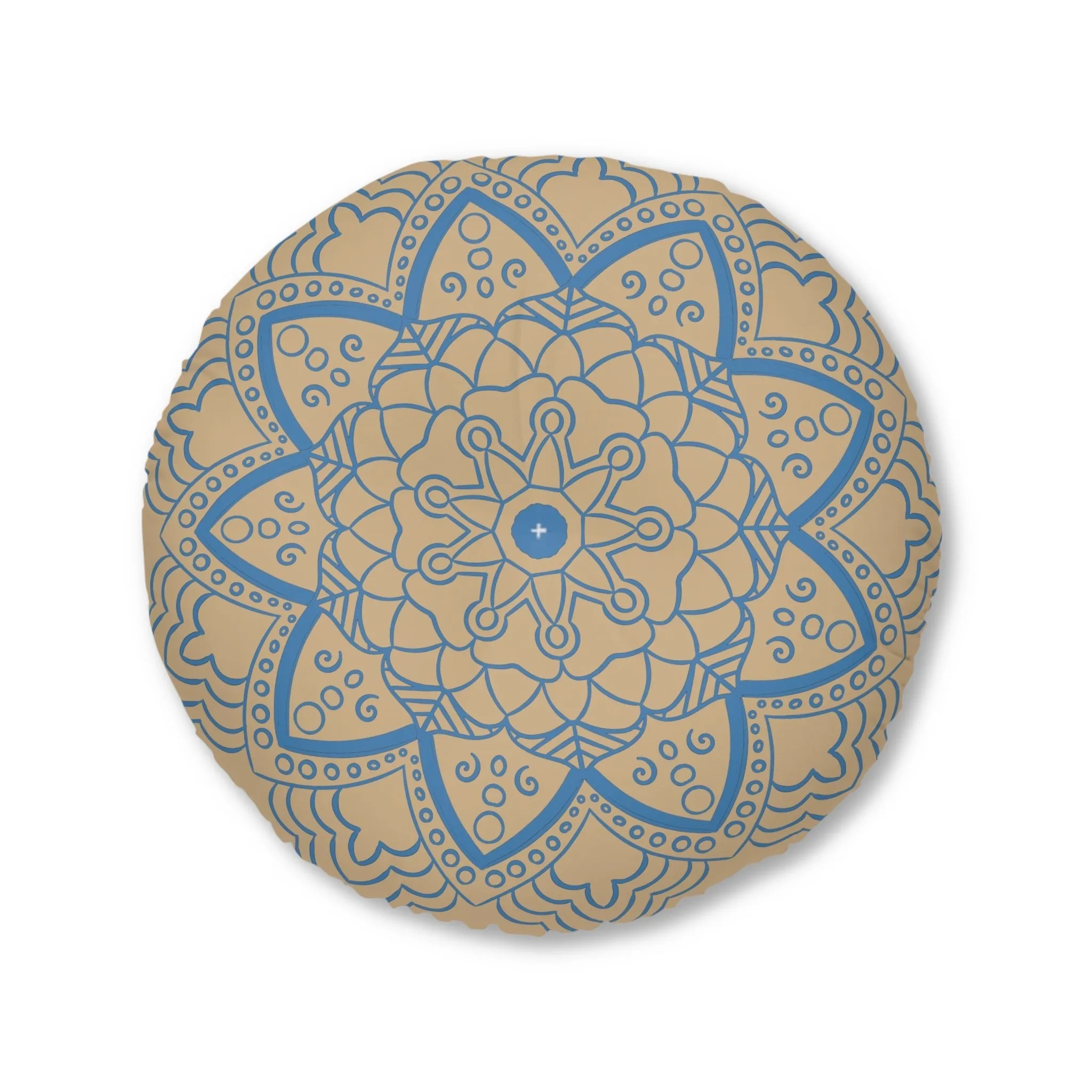 Handmade Mandala Art Floor Cushion - Steel Blue on Tan - Tufted Round