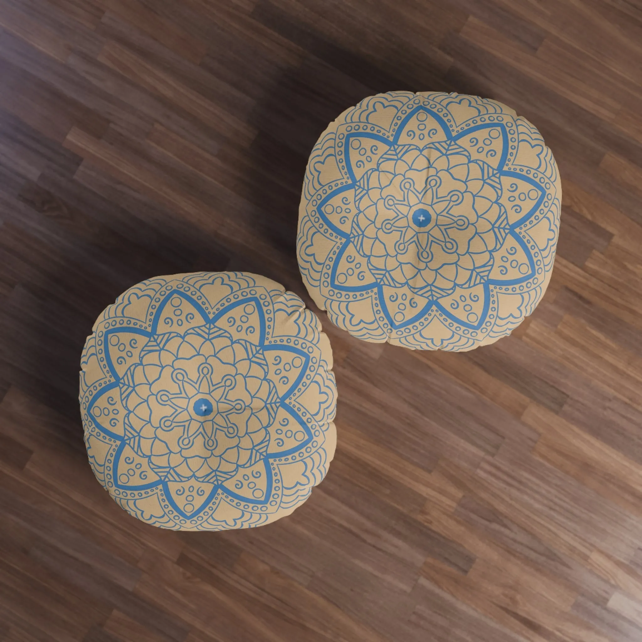 Handmade Mandala Art Floor Cushion - Steel Blue on Tan - Tufted Round