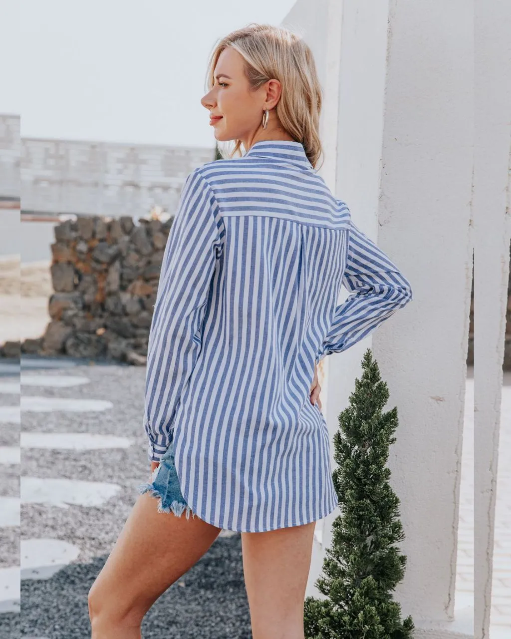 Jewel Striped Roll Up Sleeve Shirt - Demin Blue