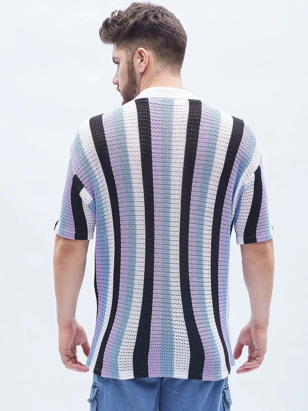 Lilac Striped Knitted Bowling Shirt