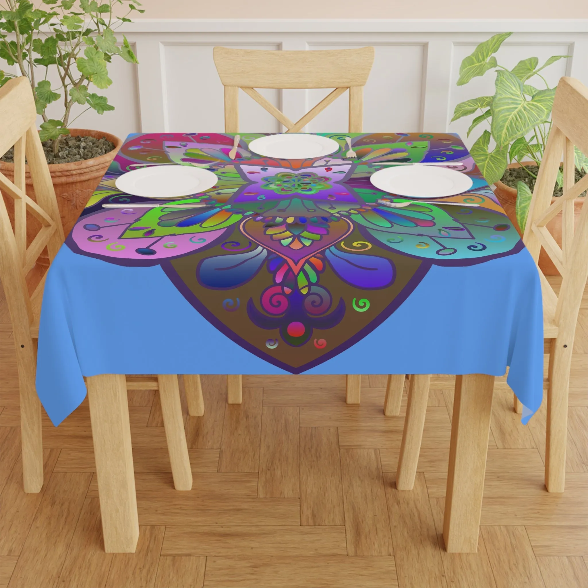 Mandala Art Hand-Drawn Light Blue Square Tablecloth