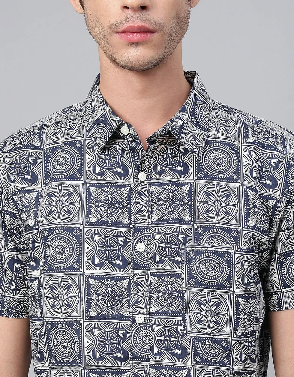 Navy Geometric Printed Casual Shirt