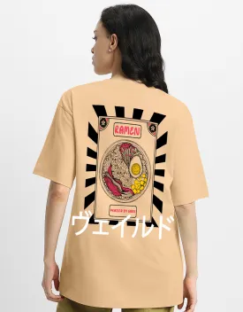 RAMEN Women Printed Beige Oversized Back Graphic Printed Tshirt