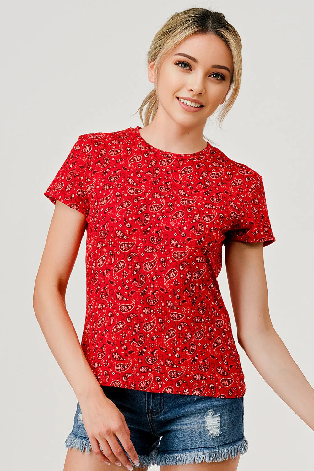 Rib Knit Short Sleeve Tops with Matching Scrunchie - Red Paisley