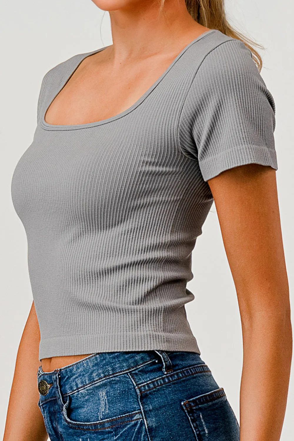 Rib Knit Square Neckline Short Sleeve Tops - Gray