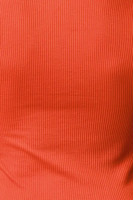 Rib Knit Square Neckline Short Sleeve Tops - Orange