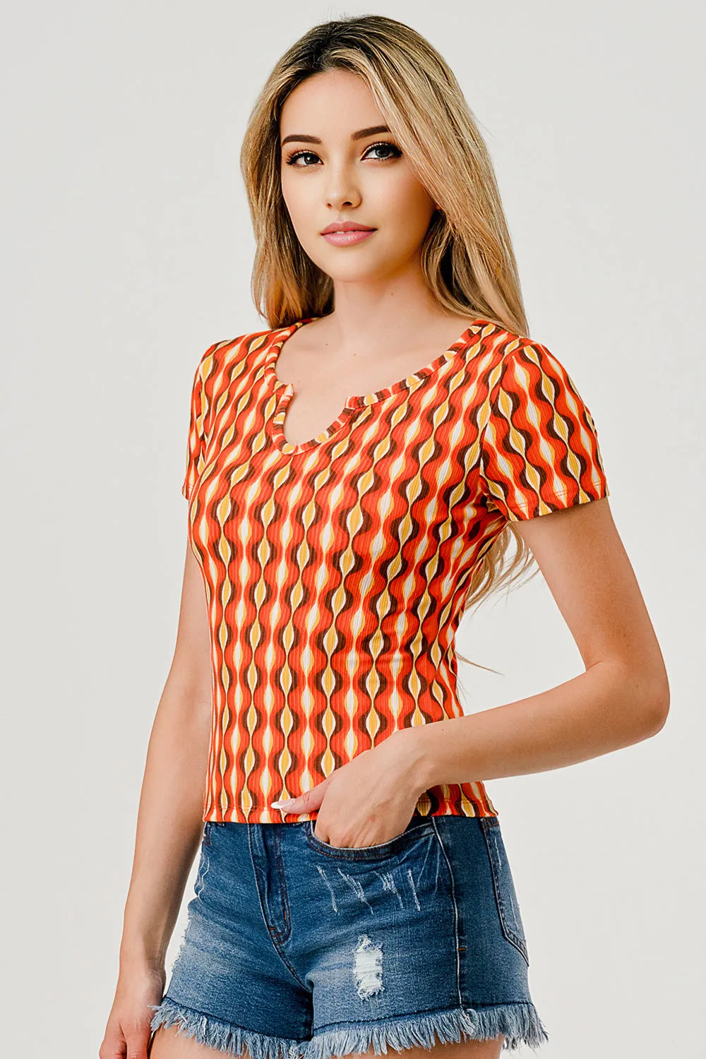 Rib Knit T-Shirt Tops With Henley V-Neck - Orange Geometric