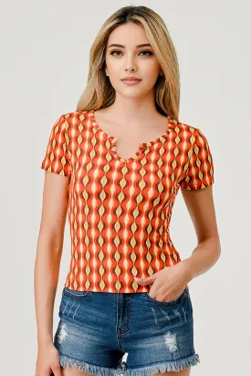 Rib Knit T-Shirt Tops With Henley V-Neck - Orange Geometric